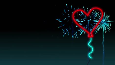 Animation-of-red-neon-heart-balloon-flashing-with-blue-fireworks-on-black-background