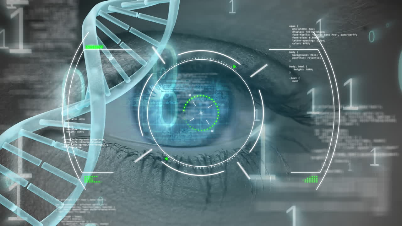 animación de código binario y datos diversos sobre la cadena de adn y el ojo femenino