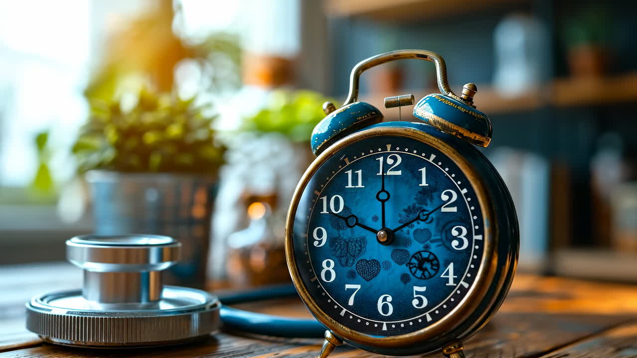 Vintage clock on table. A blue vintage clock rests on a wooden table with plants in the background, showing the time near noon in a sunny room