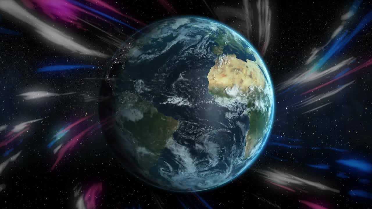 Earth floating in 3D render space, showcasing colored light streaks, detailed clouds and starfield