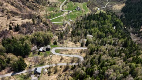 Weitwinkelaufnahme-Aus-Der-Luft,-Die-Sich-Nach-Unten-Auf-Eine-Kurvige-Straße-Mit-Grünen-Grasflächen,-Umgeben-Von-Braunem-Gras-Und-Immergrünen-Bäumen,-Neigt