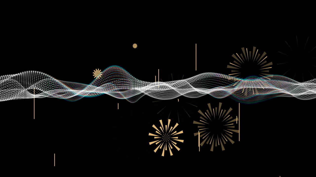 Animation of fireworks and glowing neon mesh moving over black background