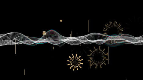 animation of fireworks and glowing neon mesh moving over black background