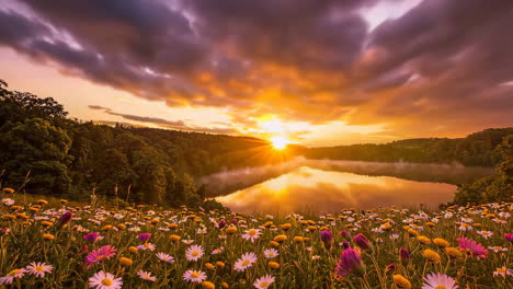 sunrise over a lake with flowers