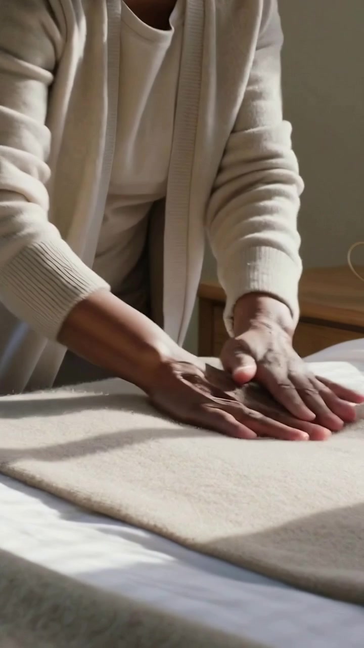 Video verticale: Vedendo la luce del sole sul lenzuolo, una donna sistema la coperta a casa indossando un cardigan