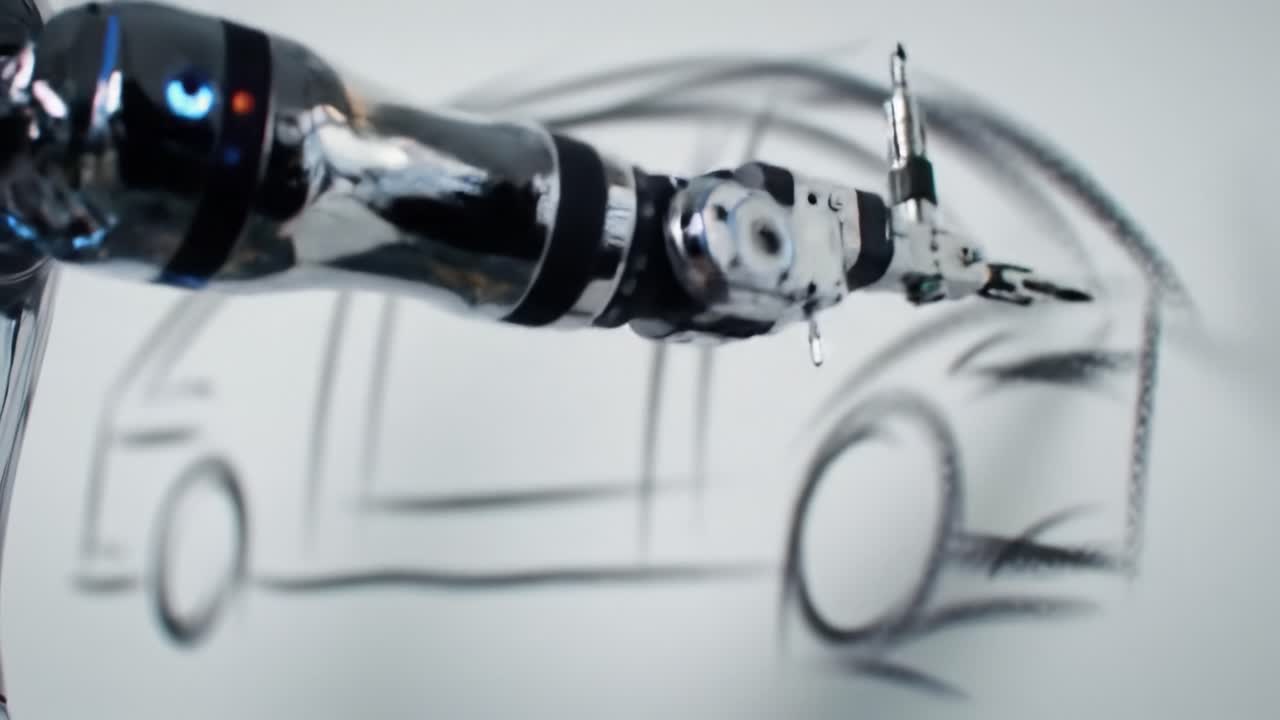 Innovative Robotic Arm Creating an Impressive Sketch of a Vehicle, Showcasing Advanced Technology in Automotive Design and Engineering Processes