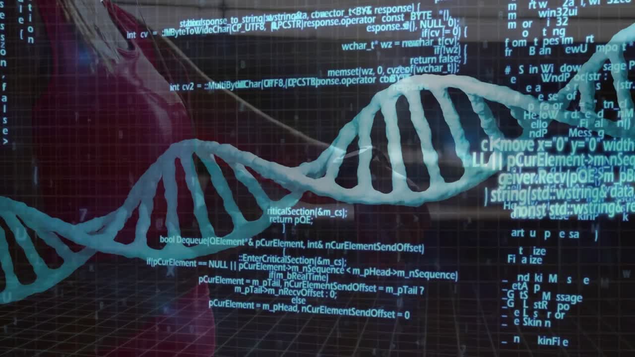 Turquoise DNA helix appearing over grid shifting, layering code, hiding woman in red, aiding lab