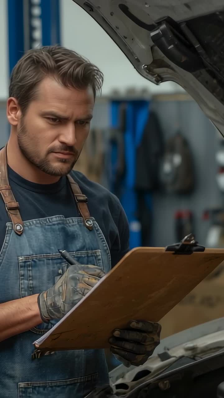 Vertical video: Inspecting engine under raised hood mechanic jotting notes on clipboard in garage