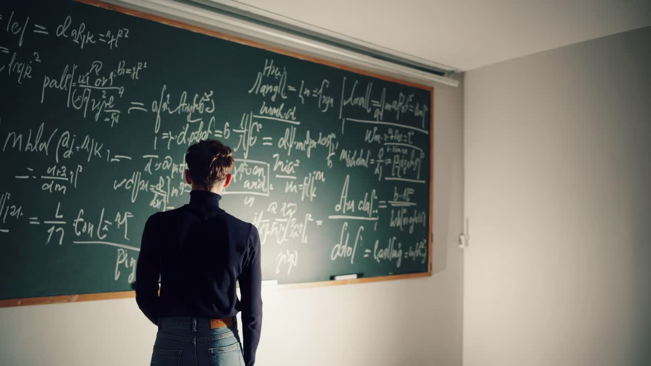 Un uomo studia equazioni complesse su una lavagna. Ripresa da dietro all'altezza degli occhi, la scena