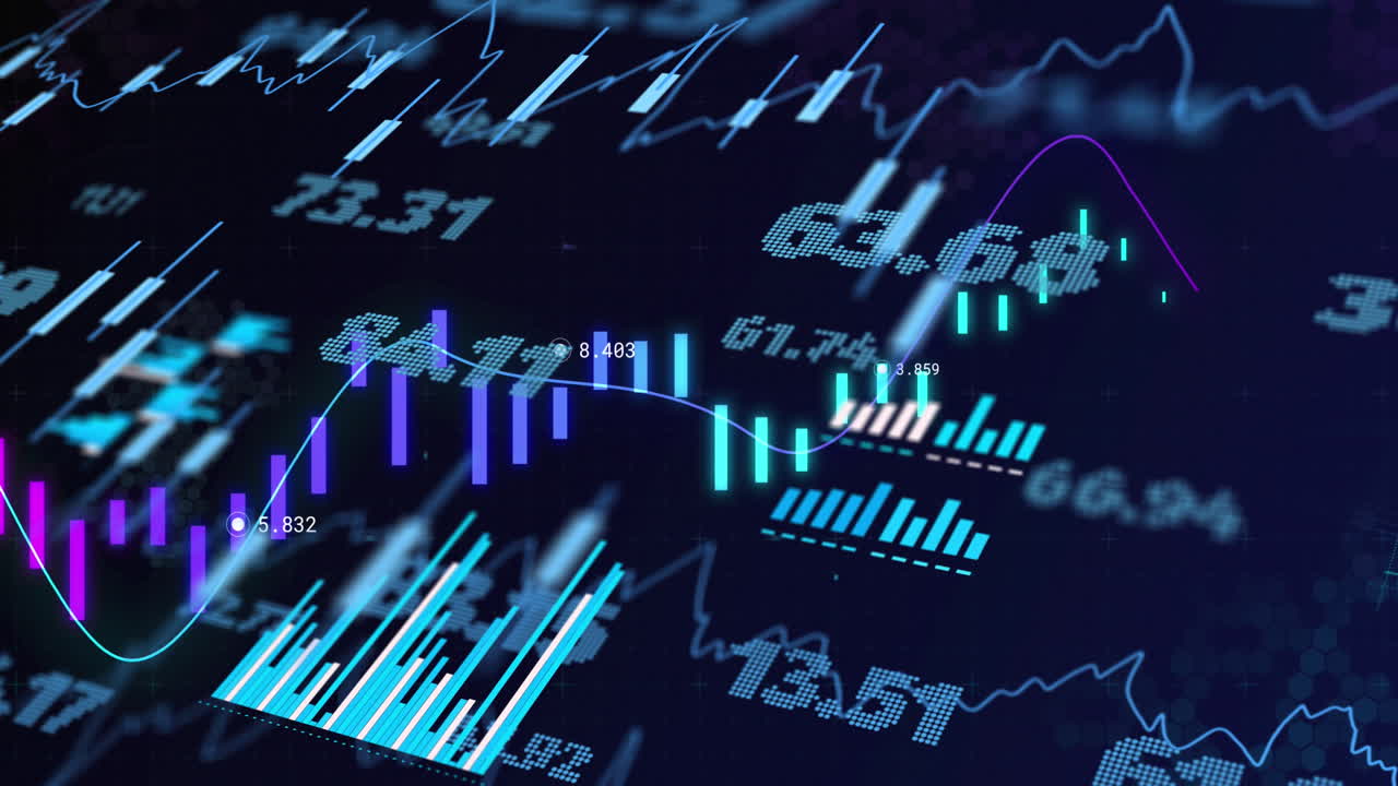 Animation of financial data processing with numbers over black background