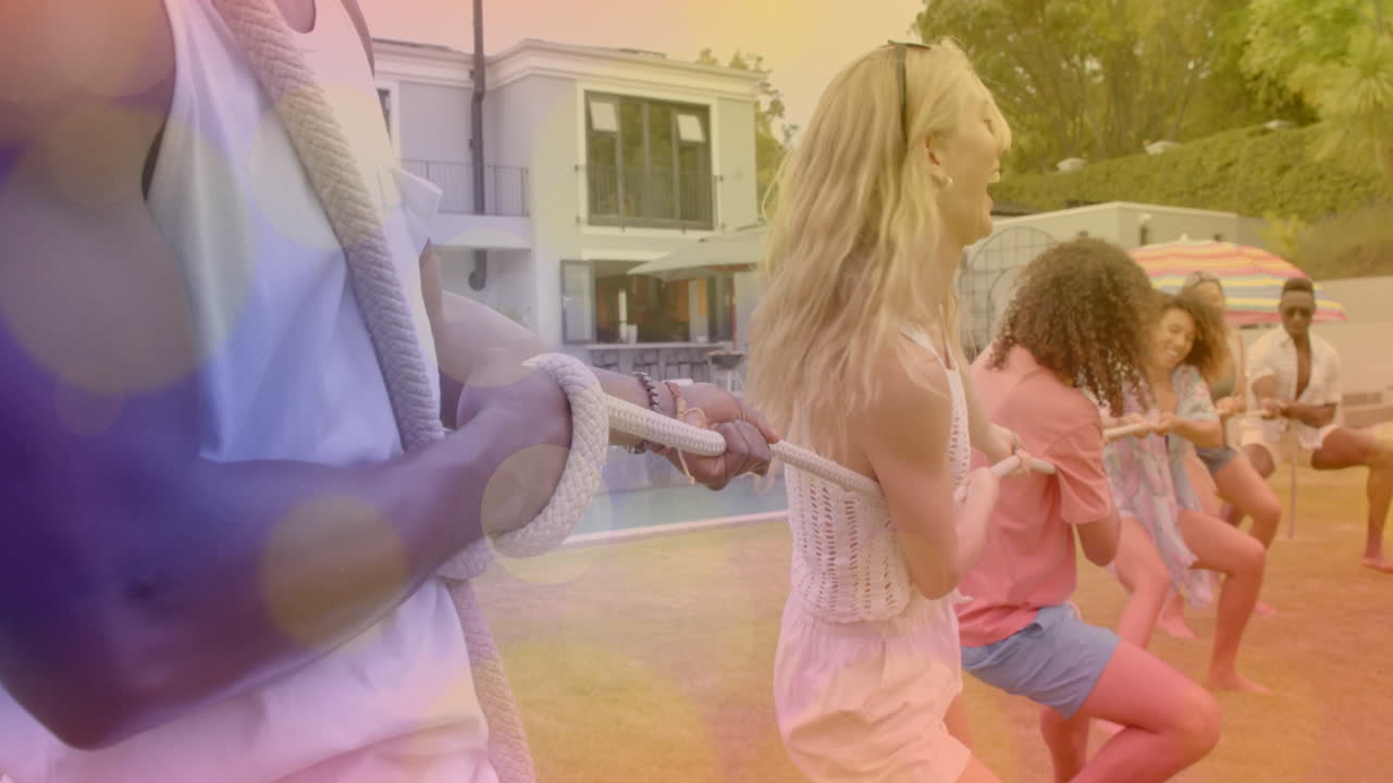 다채로운 애니메이션 오버레이와 함께 여름 파티를 즐기는 친구 그룹