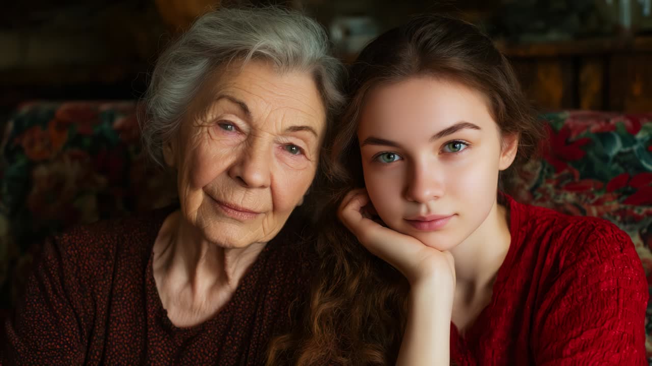 A heartwarming moment of connection between two generations, showcasing the deep bond and love shared between a grandmother and her granddaughter in a cozy, intimate setting adorned with family memories