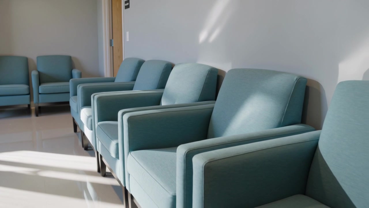 El inicio de la grabación provoca un paneo de la cámara a través de sillones verde azulado en la sala de espera, con manchas de luz solar.