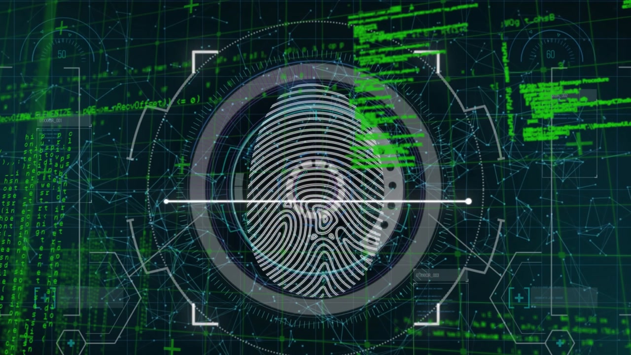 Animation of data processing over biometric fingerprint scanner against network of connections