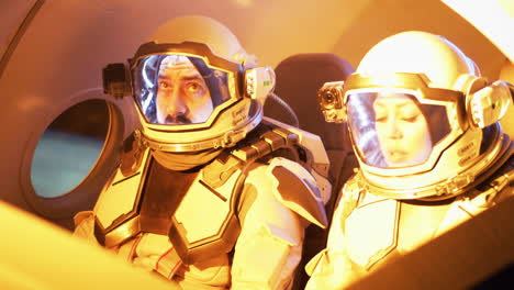 astronautas en la cabina de la nave espacial