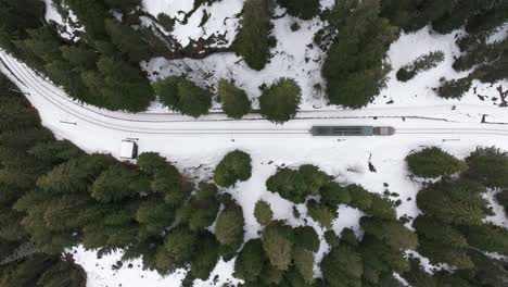 Switzerland-mountain-narrow-gauge-railway-train-go-uphill-near-snowy-forest