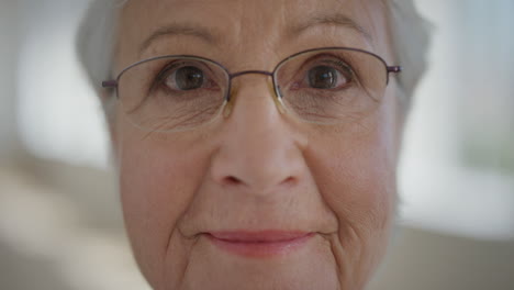 retrato en primer plano de una hermosa anciana jubilada que mira pensativa a la cámara con gafas en el fondo del apartamento