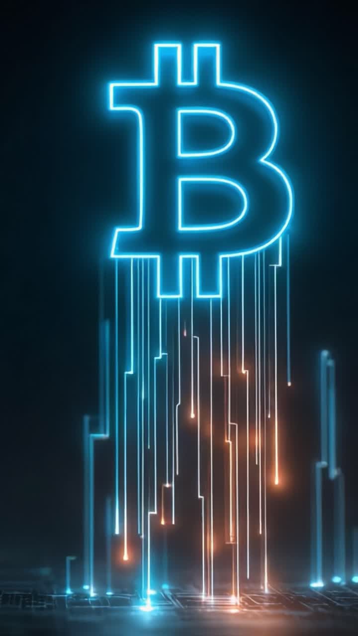 Iluminando o futuro das finanças: uma exibição impressionante do símbolo do Bitcoin em uma paisagem digital, destacando o surgimento da tecnologia de criptomoedas