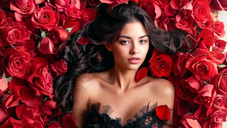 a woman laying in a bed of red roses