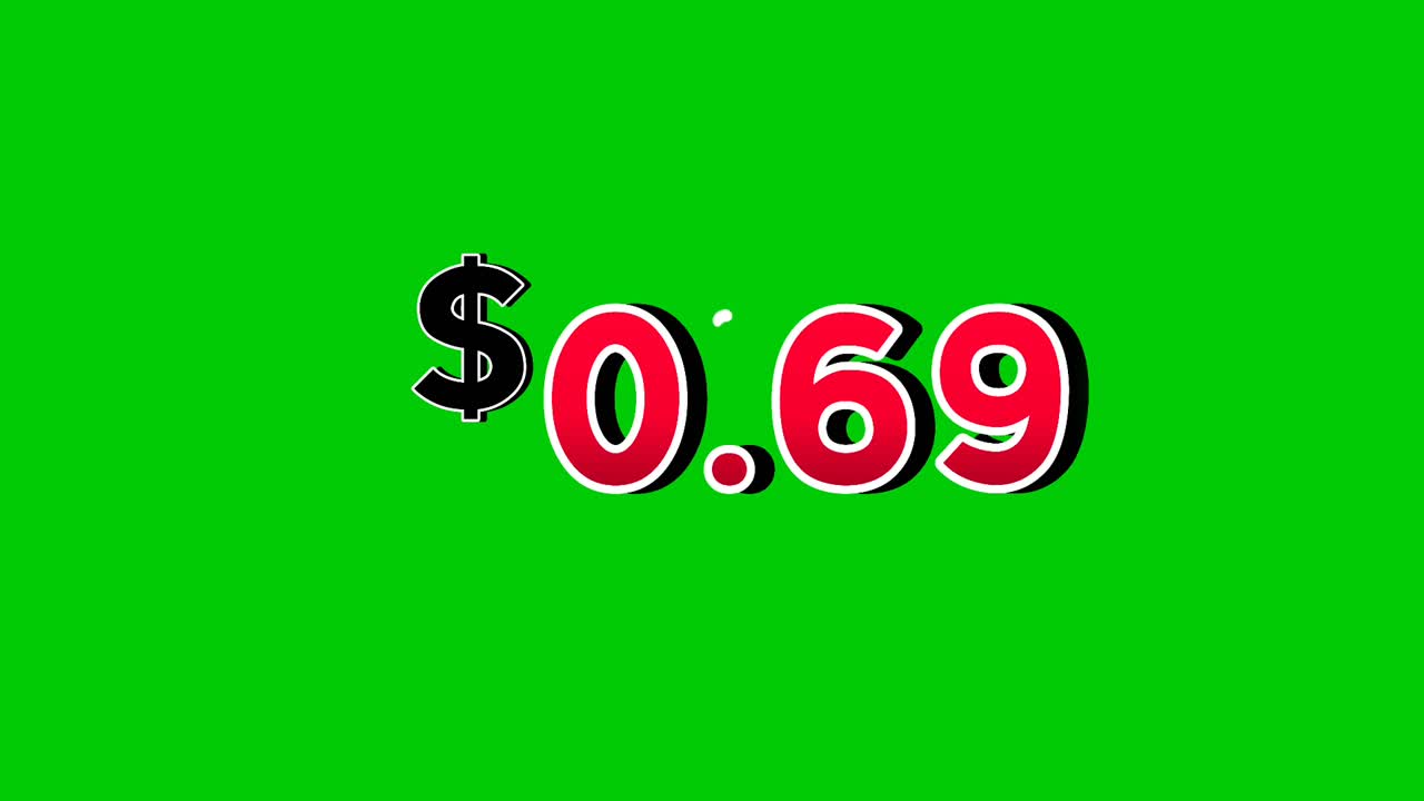 $0.69 Dollars price tag animation motion graphics in bold red numbers on green screen background with smoke effects. dollar symbol is displayed prominently perfect promotions, ads, banners, marketing