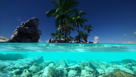vista dividida de la sección transversal de agua de mar y palmeras en la isla