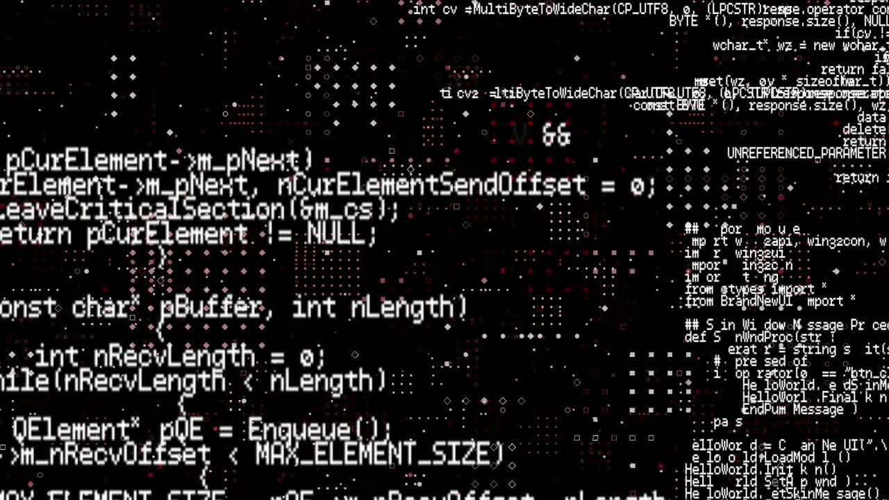 Animation of white spots over data processing on black background
