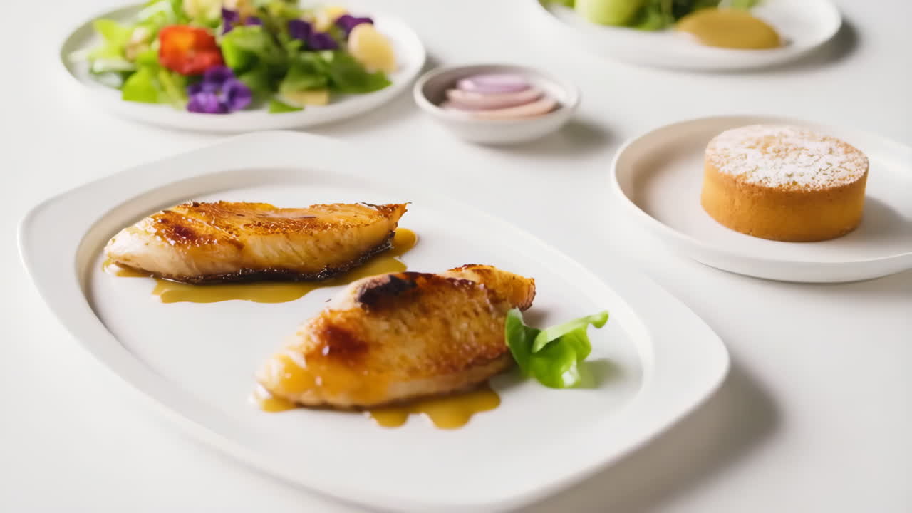 Gourmet Plated Meal with Roasted Fish, Salad, and Dessert