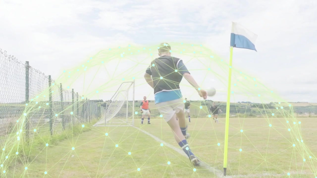 Soccer corner-kick taker taking run and kicking ball into box green overlay guiding flight to score