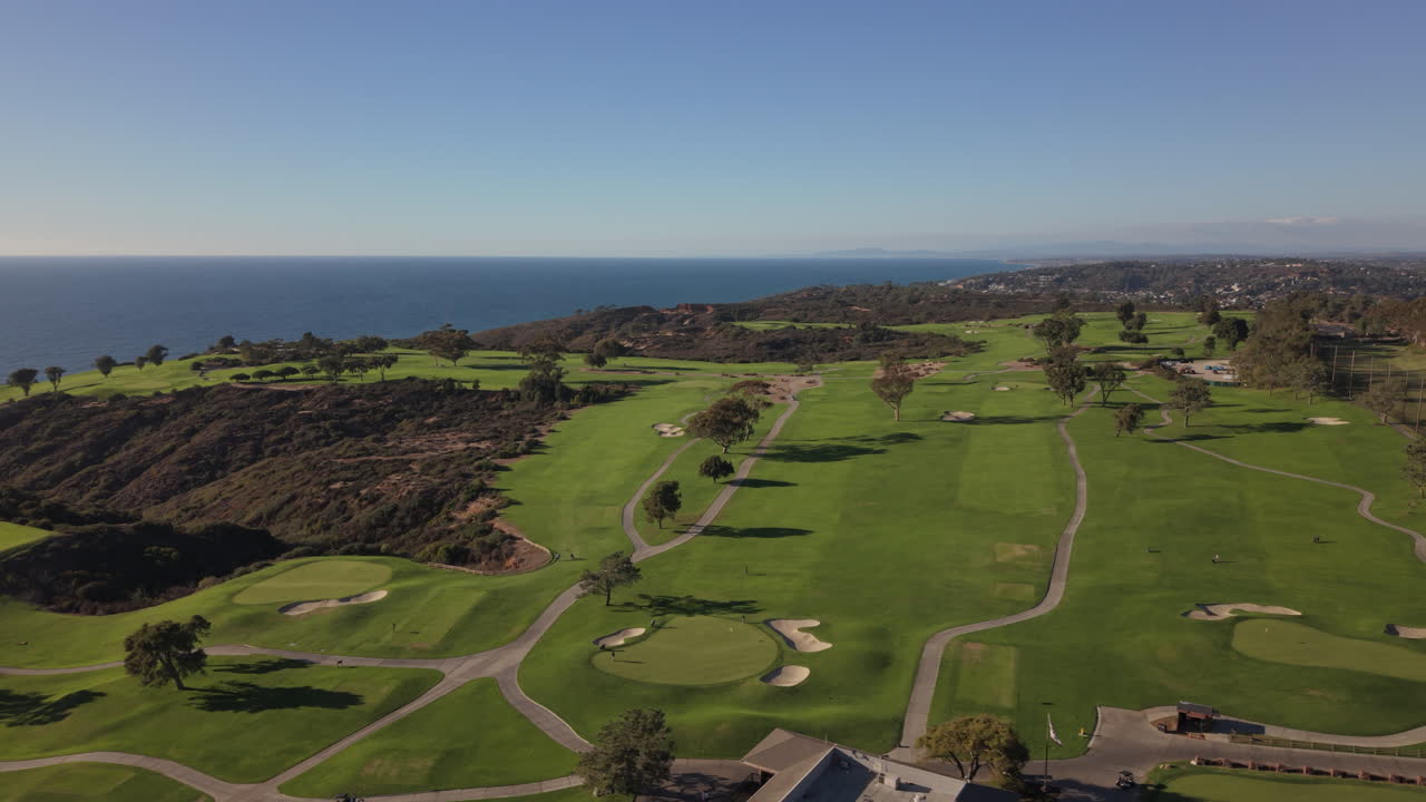 Aerial drone view of Torrey Pines Golf Course in La Jolla, California. Drone orbit shot