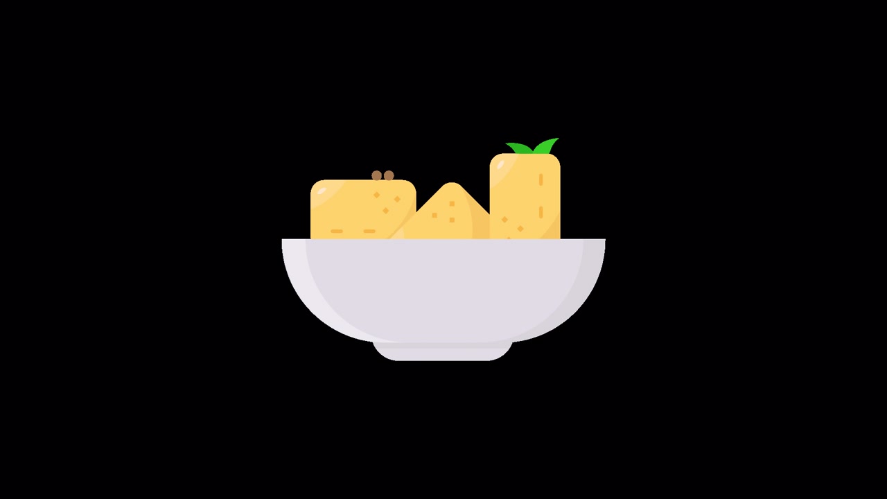 Design Flat Animado de Cubos de Comida Amarelos em uma Tigela