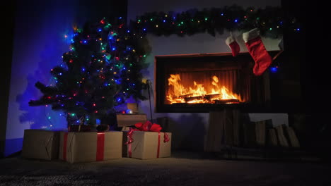 chimenea decorada para navidad y calcetines de regalo encima de ella deslizador filmado 4k video