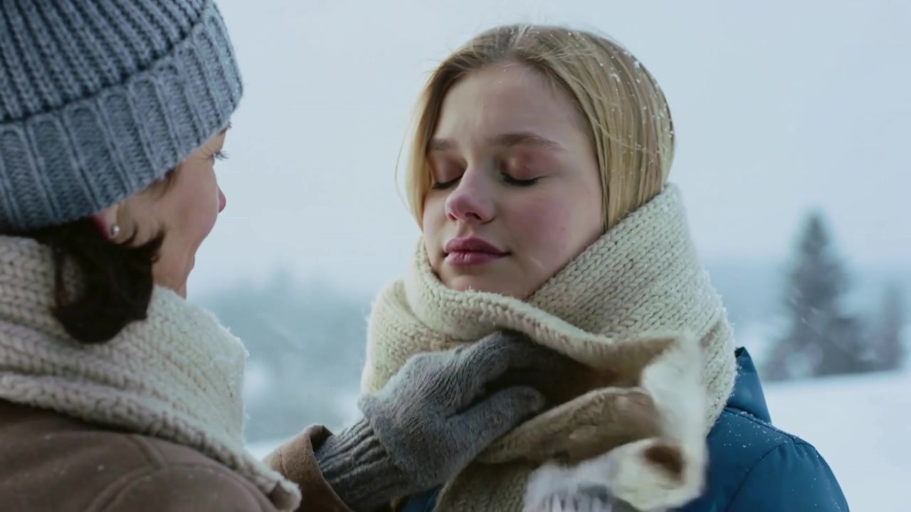 Reaching, mom wrapping cream scarf around teen at snowy field, gloved hands smoothing, keeping warm