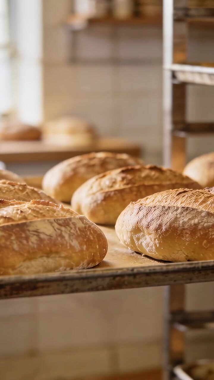 Vertical video: Starting close, camera panning, revealing artisan loaves cooling on rack in bakery