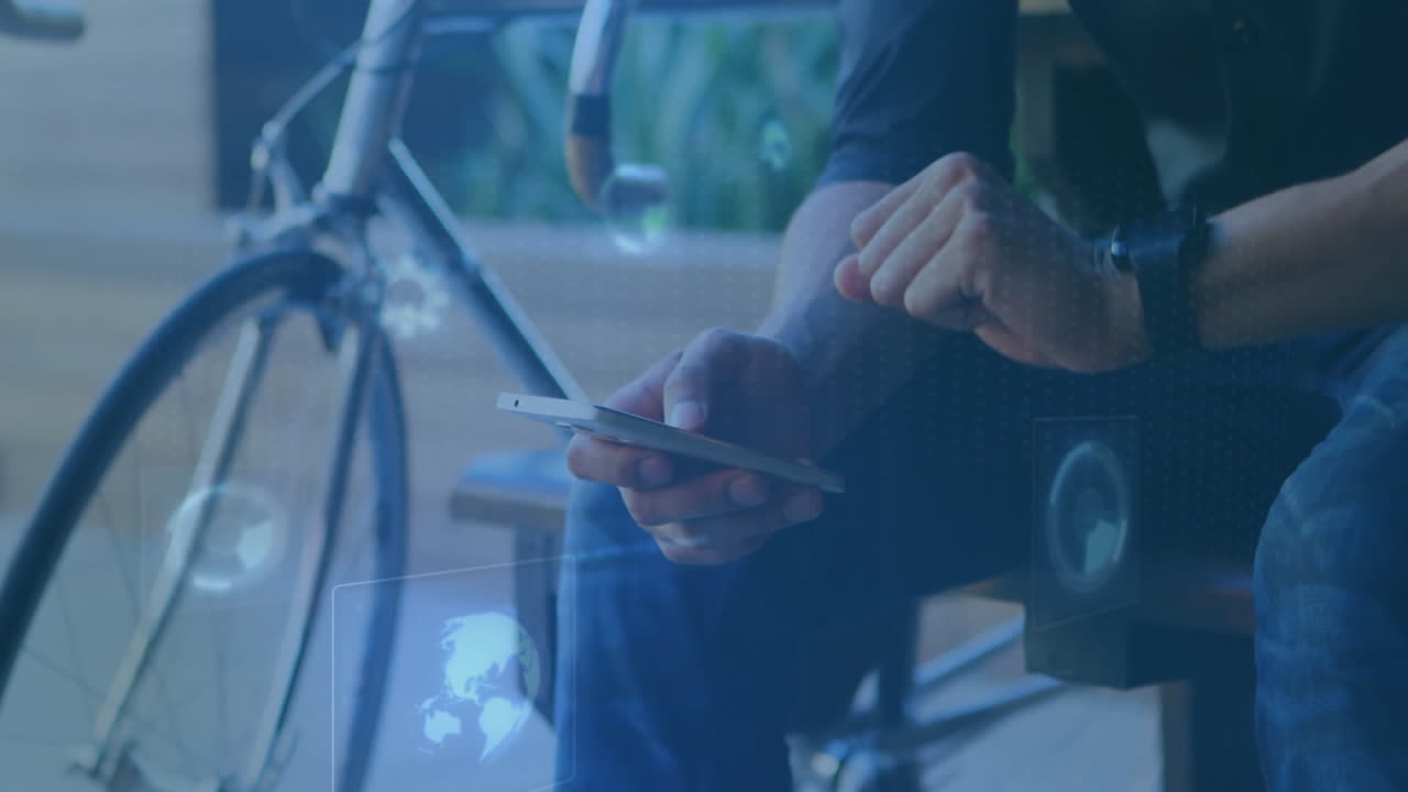 Using smartphone, person with digital animation icons near bicycle in background