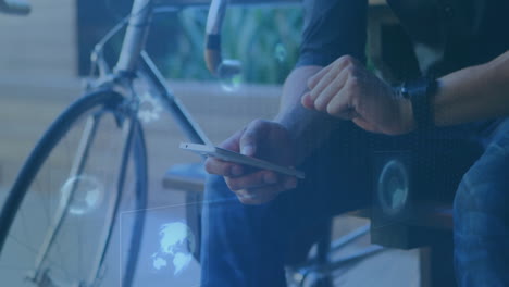 using smartphone, person with digital animation icons near bicycle in background