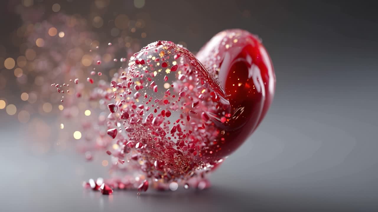 Heart-shaped liquid shatters with sparkling particles. Red glow radiates as fragments fly outward. Background softly blurred with golden bokeh lights. Emotion conveys passion, transformation