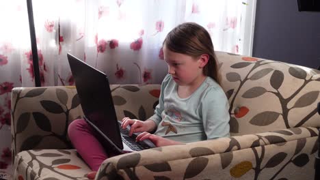 Little-girl-in-elementary-school-distance-learning-during-the-pandemic-and-getting-frustrated-with-school-and-technology---medium-shot-with-beautiful-soft-light-and-bright-colors