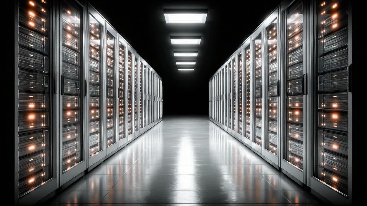 A Glimpse into a Modern Data Center: Rows of Server Racks Illuminated in a High-Tech Environment Showcasing Advanced Computing and Storage Technology