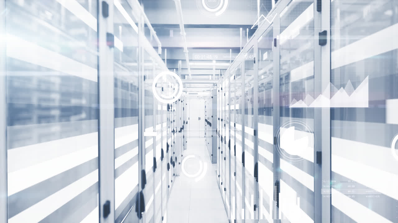 컴퓨터 서버 방에 대한 데이터 처리 및 빛 트레일의 애니메이션
