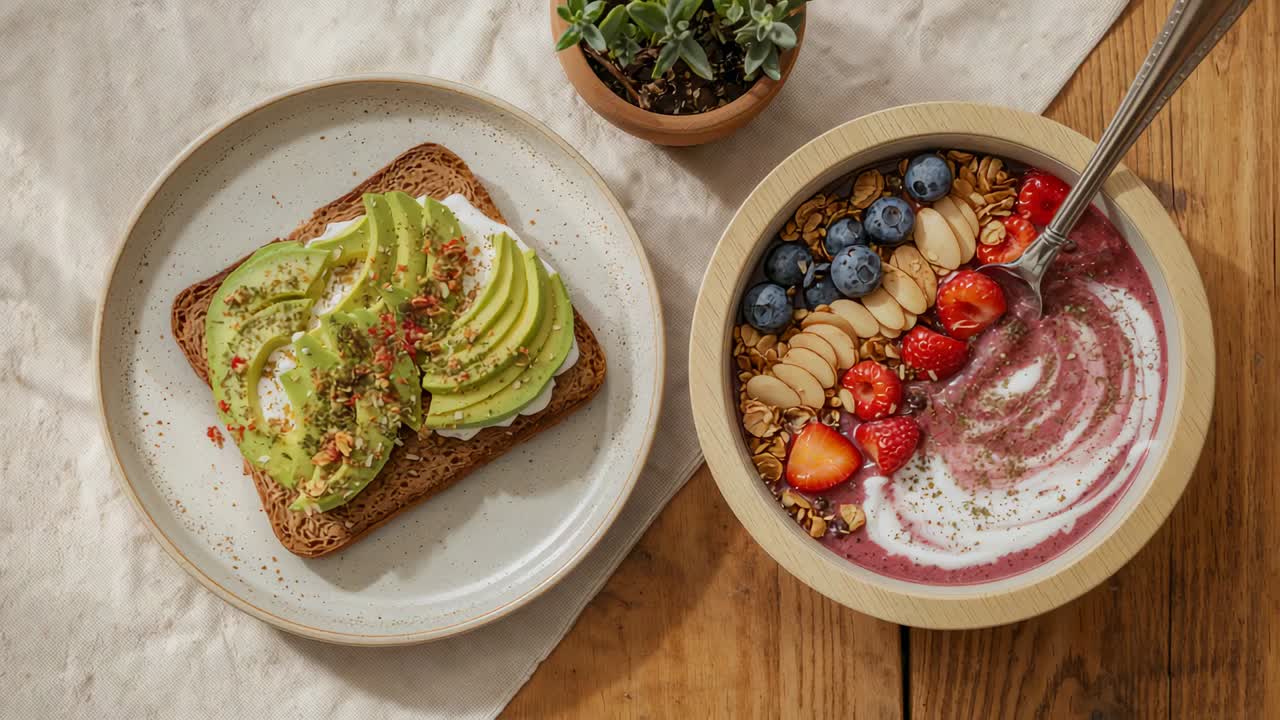 Kameraet beveger seg oppover over et trebord og avslører avokadotoast og en lilla smoothie bowl