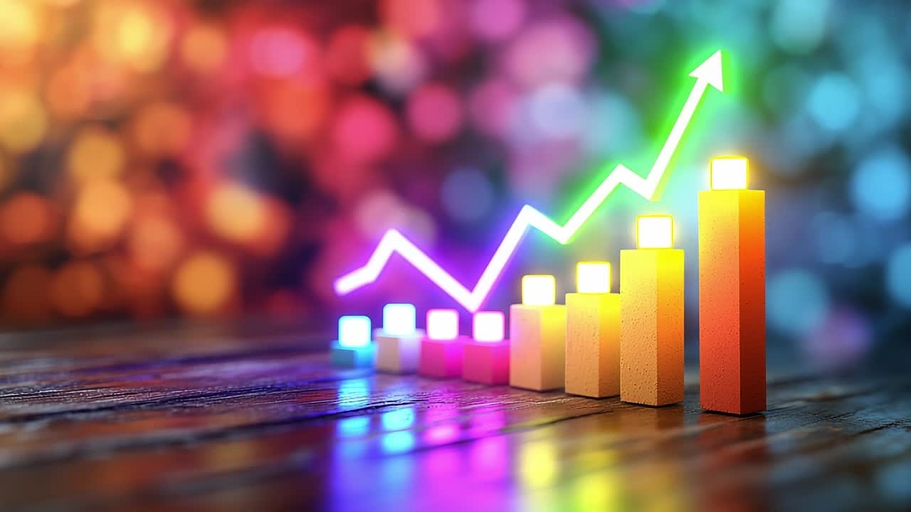 Graph trends up on bright bg. A colorful bar graph rises sharply, indicating positive growth over time with a vibrant backdrop of lights.