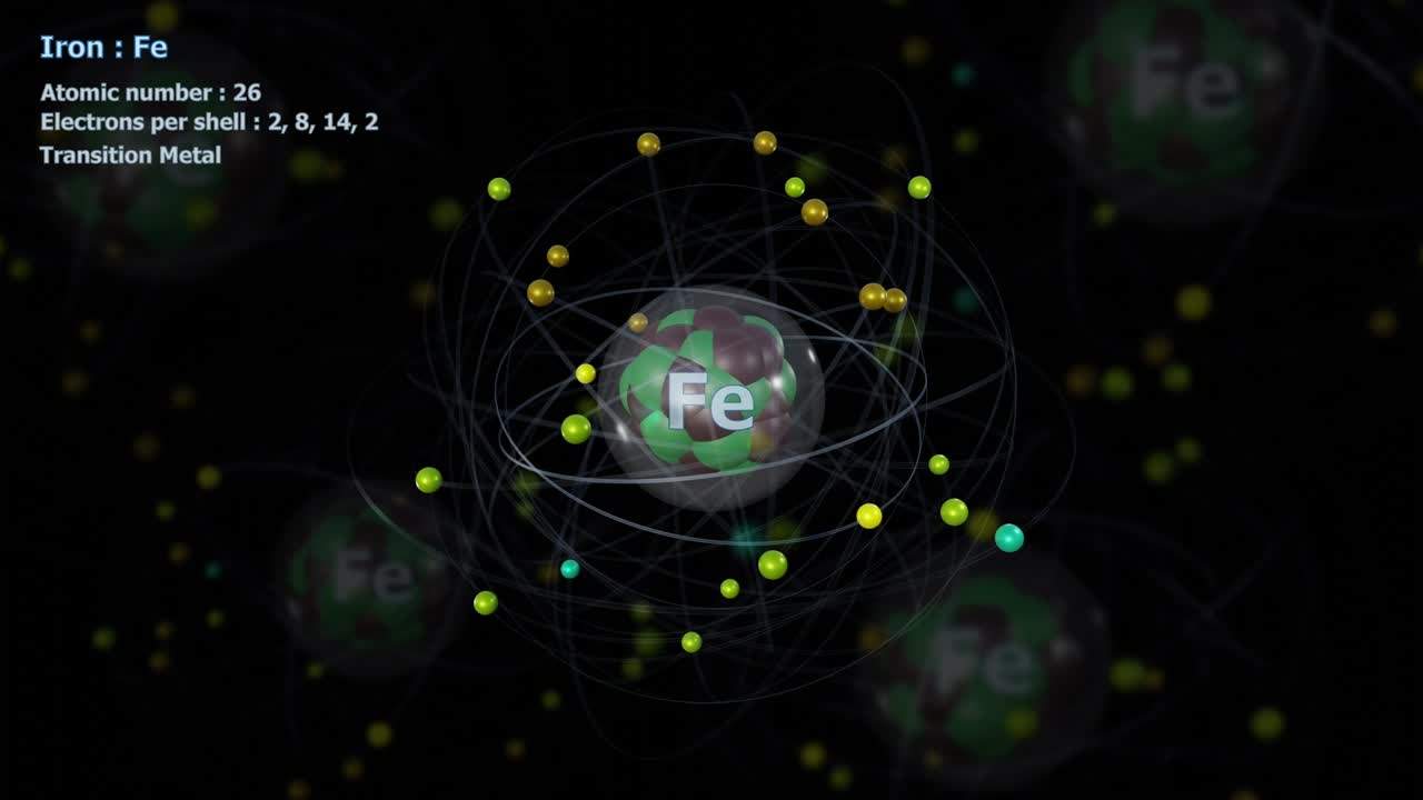 26개의 전자를 가진 철의 원자는 원자들과 무한한 도 회전 속에 있다.