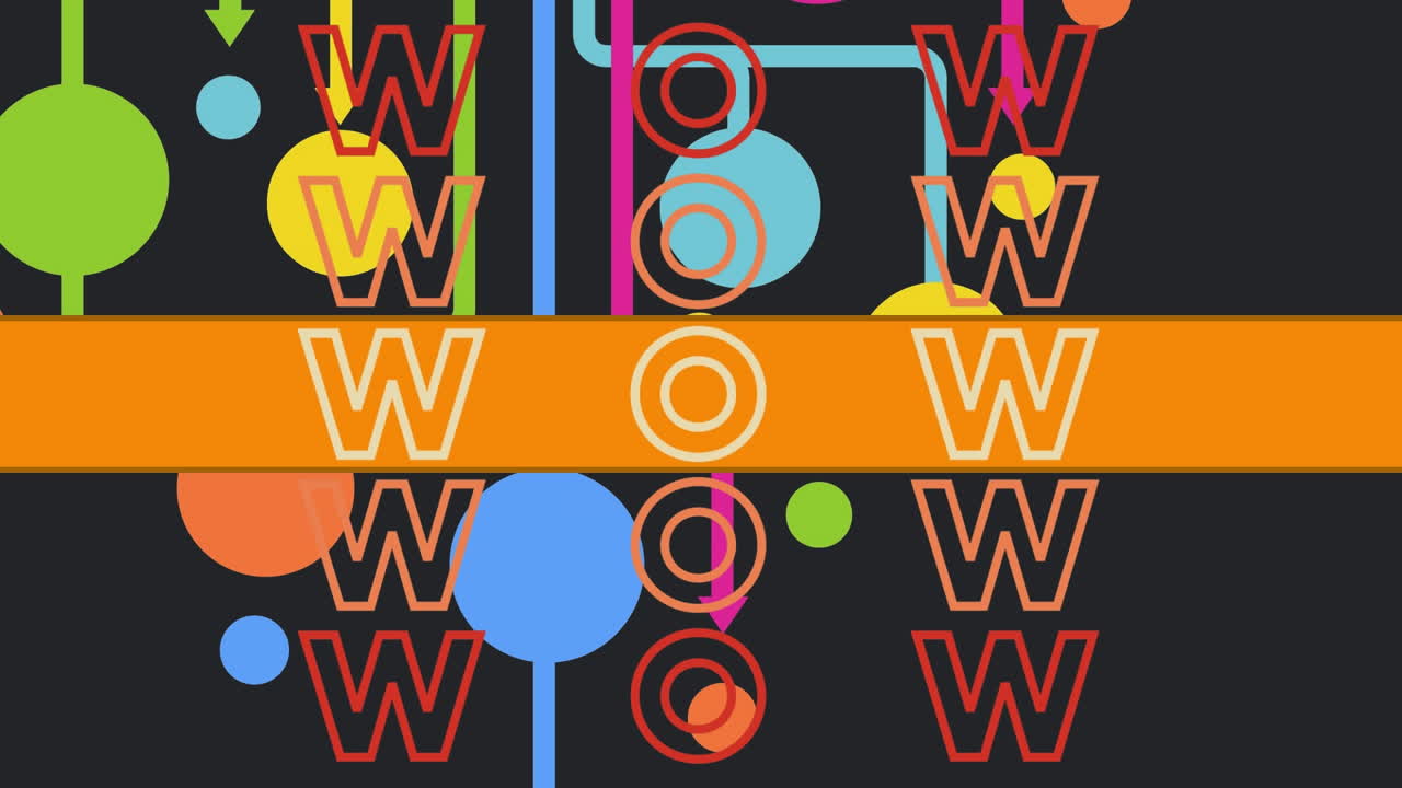 Animazione di testo "wow" ripetuto su forme su sfondo nero