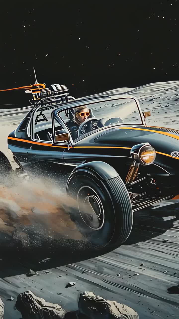 Vertical video: Engine revving, driver racing on crater plain for control, wearing coat, roll cage