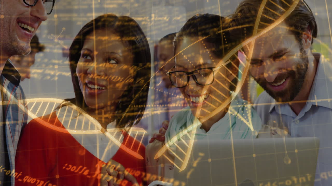 Diverse group collaborating on laptop with DNA strand and data overlay animation
