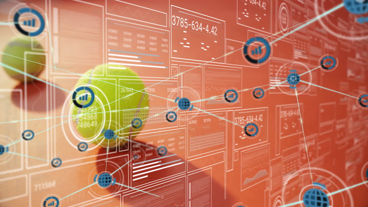 Green tennis ball floating in flat design analytics scene, showing UI panels and network icons