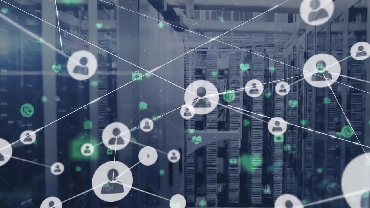 Animation of network of connections with icons over server room