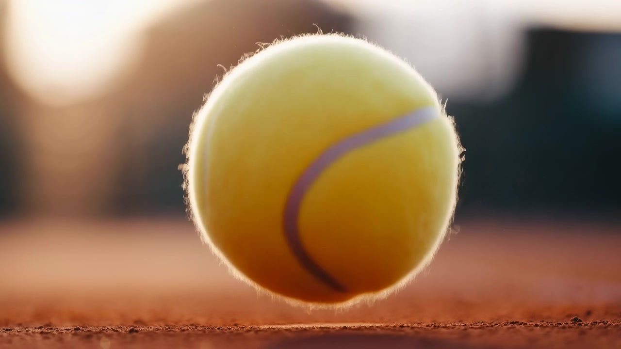 Yellow fuzzy tennis ball striking red clay court in dynamic rebound, with compressed lower edge, drifting dust, granular surface detail, warm sunlight, sharp contrast, and energetic sports feel