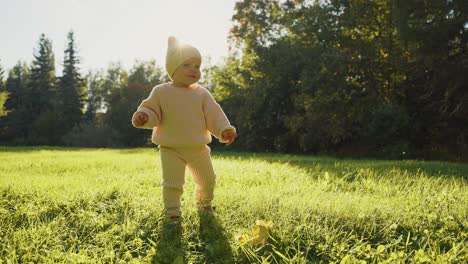 baby learning to walk in a park