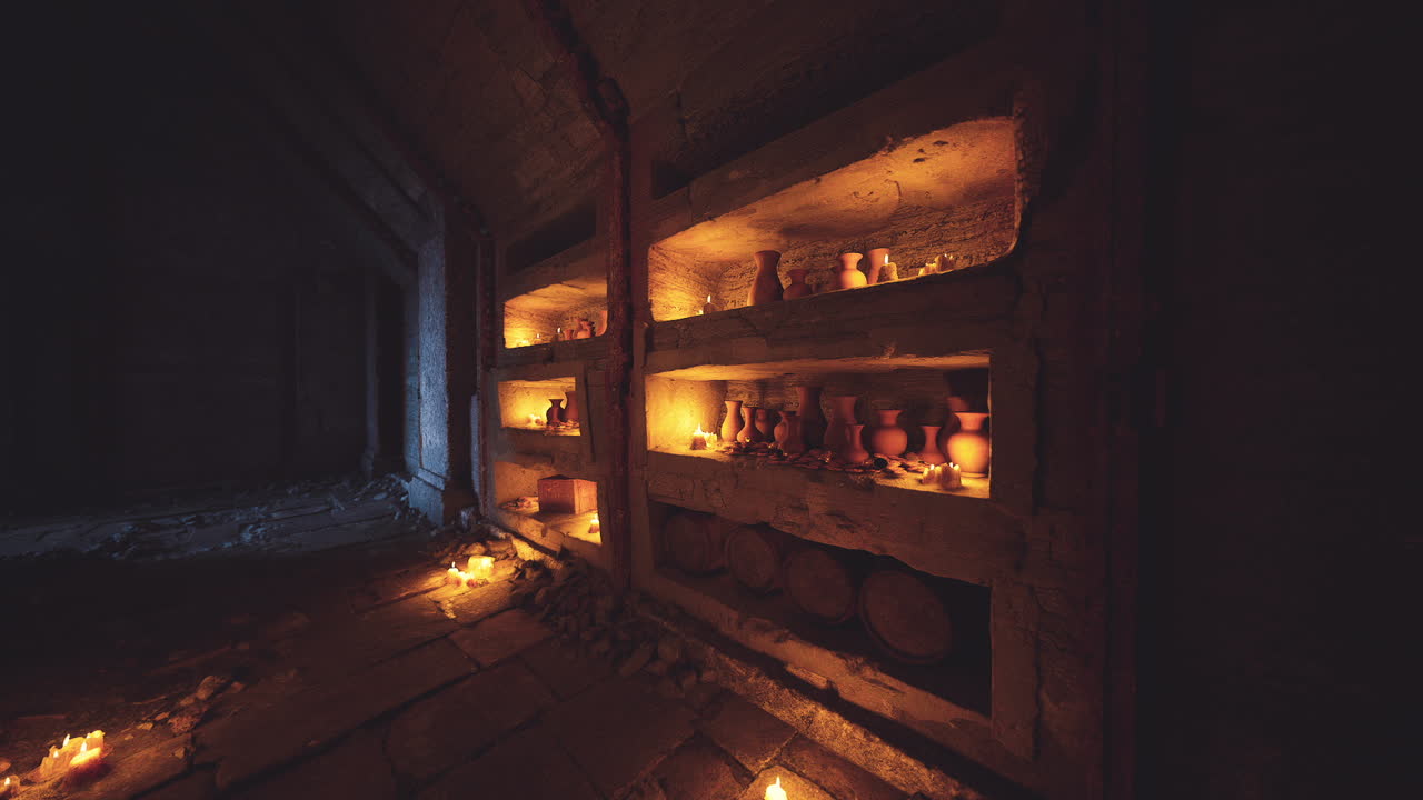 Candles illuminate ancient pottery in a dimly lit underground chamber